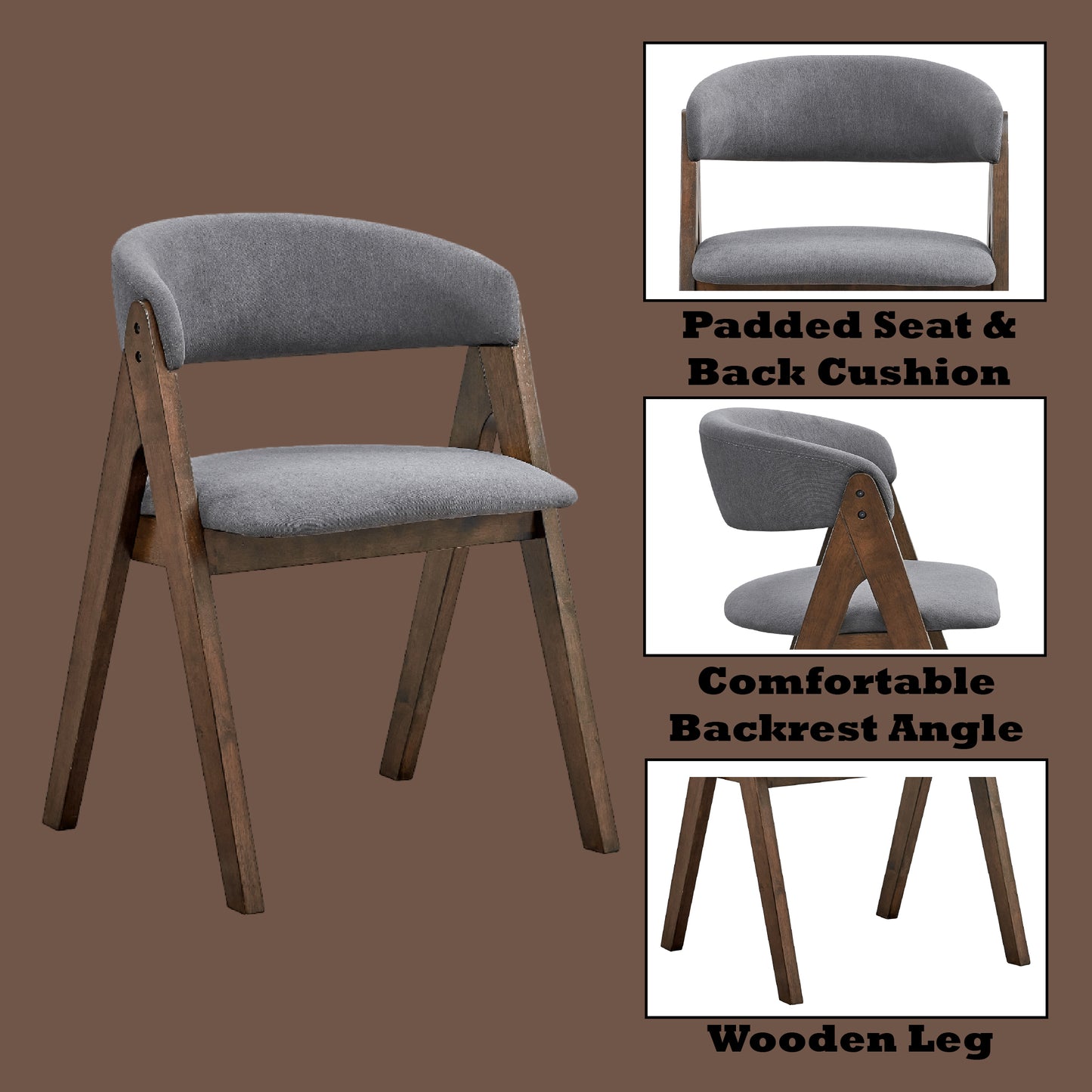 Set of 2 Modern Scandinavian Dining Chairs with Cushioned Seats, Gray Fabric, Walnut Finish, Gray