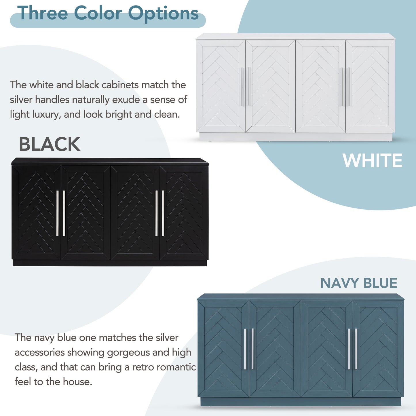 TREXM Sideboard with 4 Doors Large Storage Space Buffet Cabinet with Adjustable Shelves and Silver Handles for Kitchen, Dining Room, Living Room (Black)