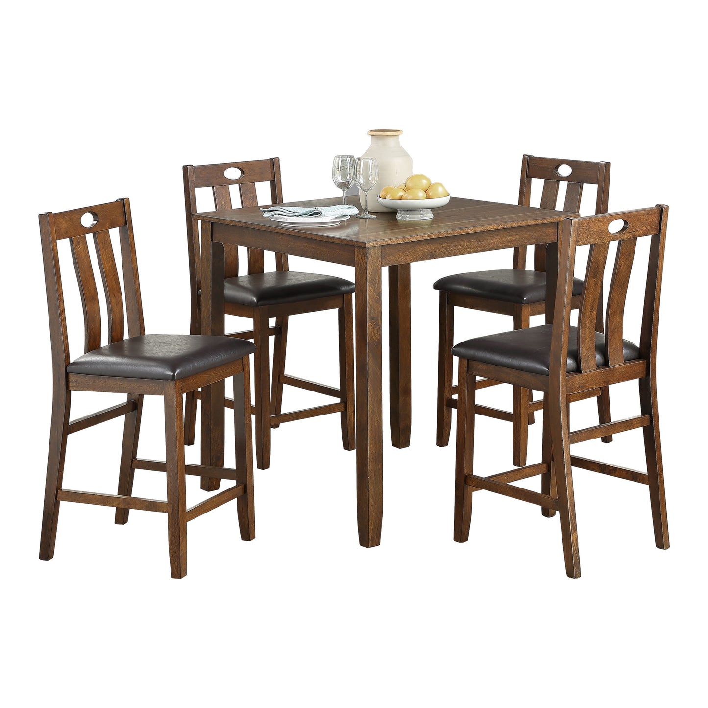 Counter Height Set 36In Table Padded 4 Chairs Brown Finish