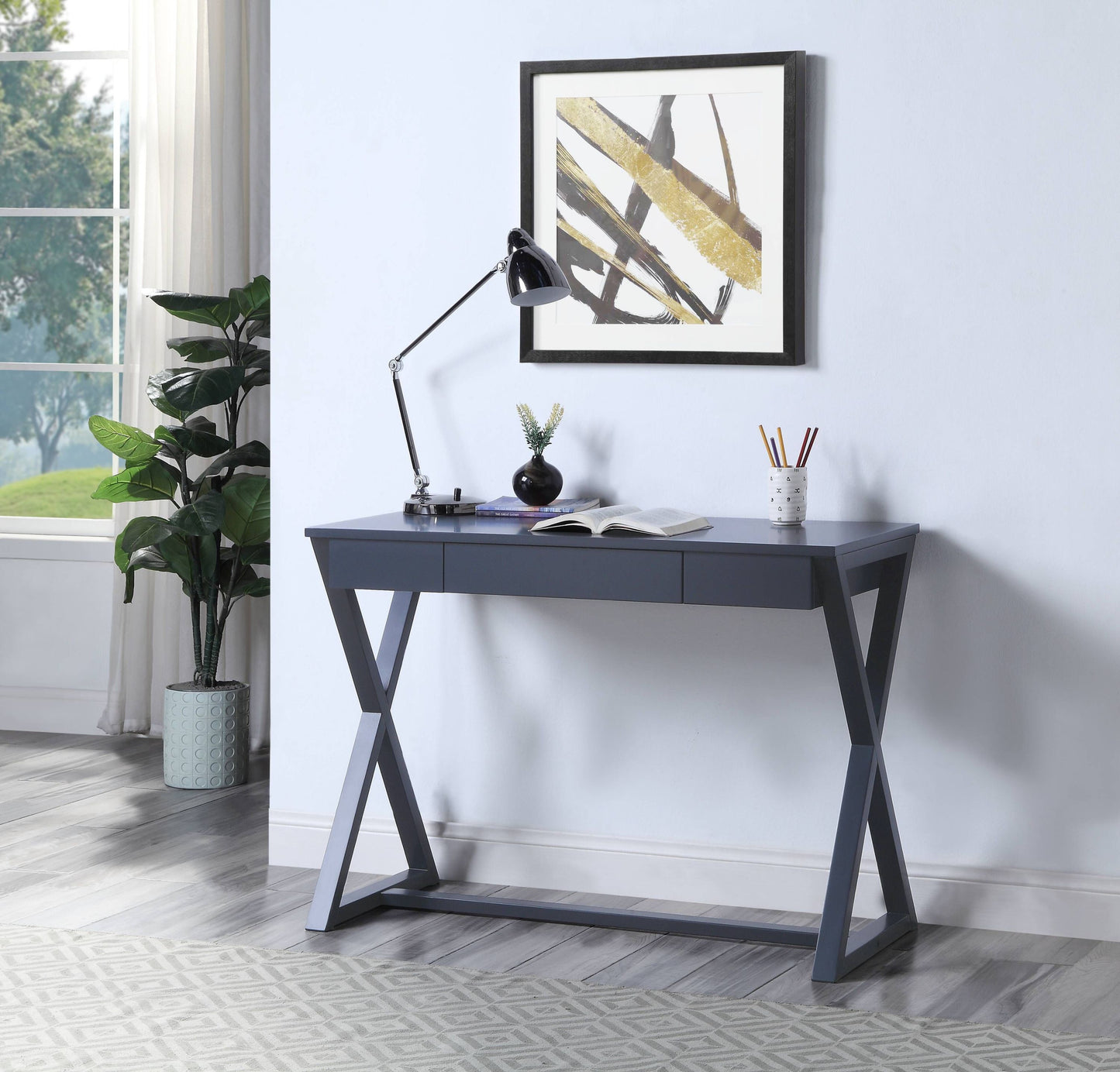 Modern Charcoal Console Table with X-Shape Base and Storage Drawer