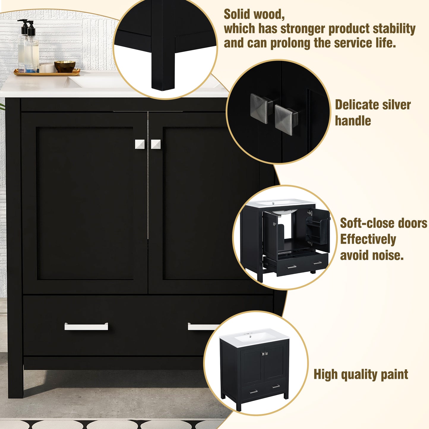 30-Inch Modern Black Bathroom Vanity with Single Sink and Soft-Close Doors, Stylish Storage Cabinet with Undermount Ceramic Basin, Durable Solid Wood Frame