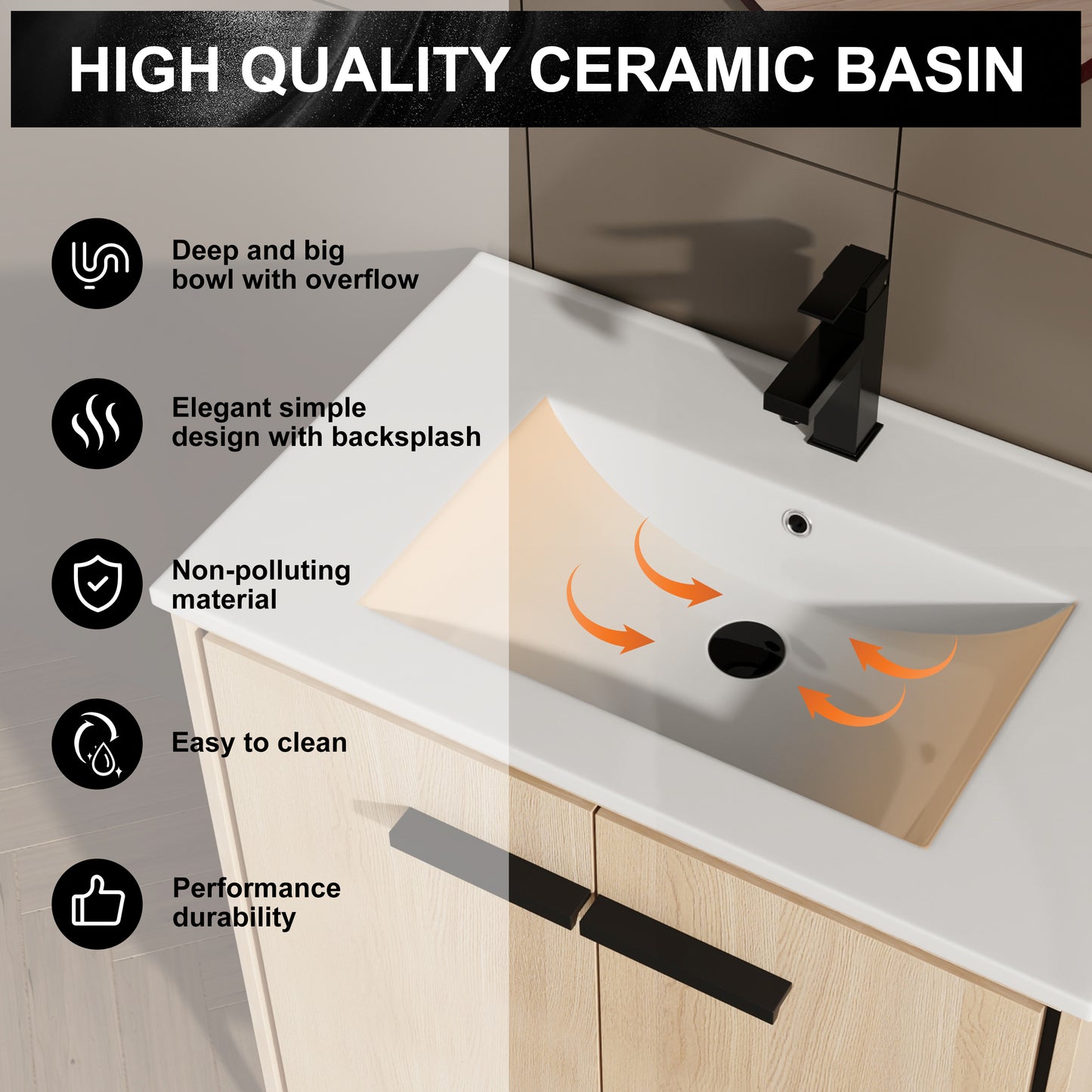 30-Inch Oak Bathroom Vanity Base with Ceramic Basin and Double Door Storage Cabinet