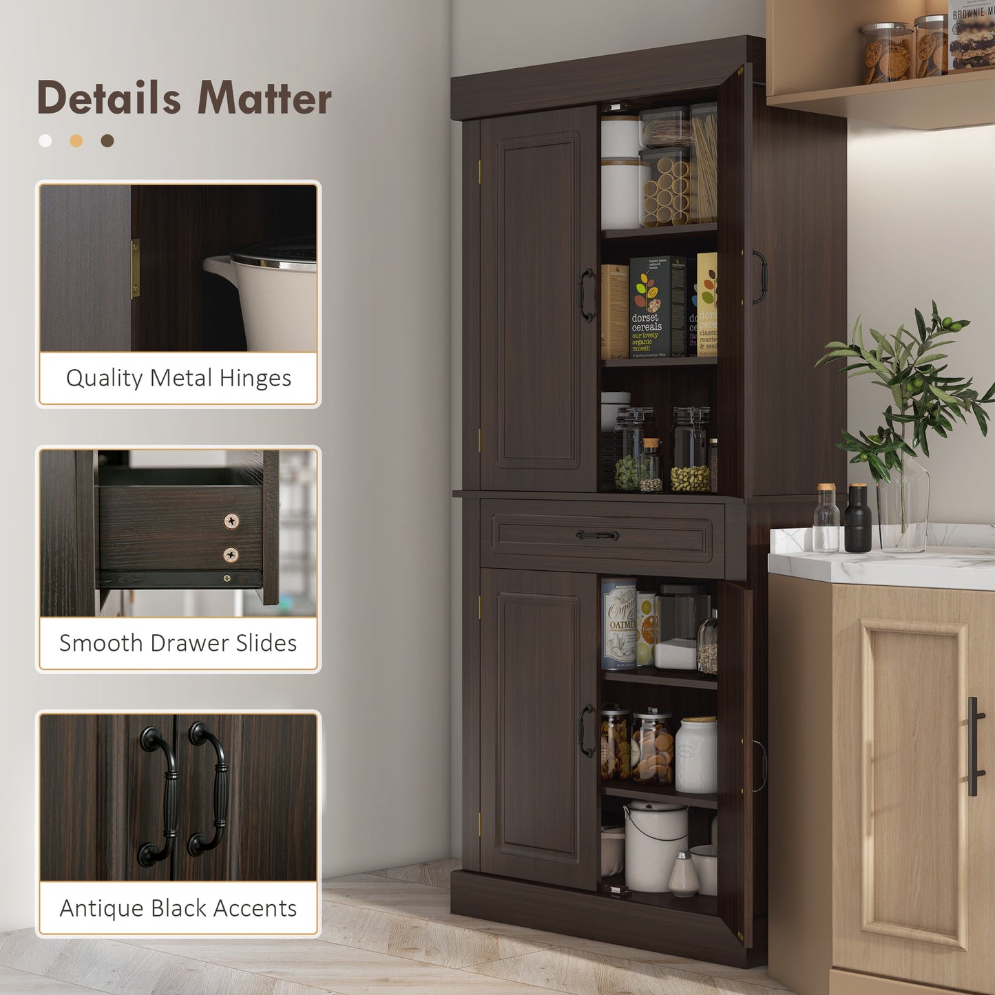 Freestanding 71" Kitchen Storage Cabinet with 4 Doors and Wide Drawer for Dining Room or Office