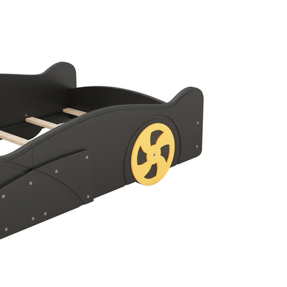 Twin Size Race Car Platform Bed with Storage and Wheels in Black and Yellow