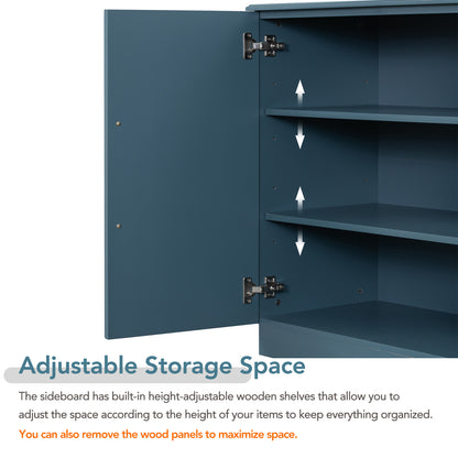 TREXM Sideboard with 4 Doors Large Storage Space Buffet Cabinet with Adjustable Shelves and Silver Handles for Kitchen, Dining Room, Living Room (Antique Blue)