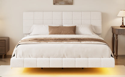 Boucle Upholstered Floating Bed Frame, King Size, Pine Wood Platform with Light, Modern Bedroom, White