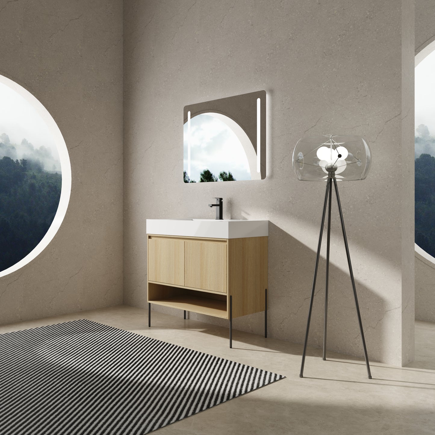 36" Modern Oak Bathroom Vanity Set with Easy-Clean Resin Sink and Multi-Layer Solid Wood Cabinet