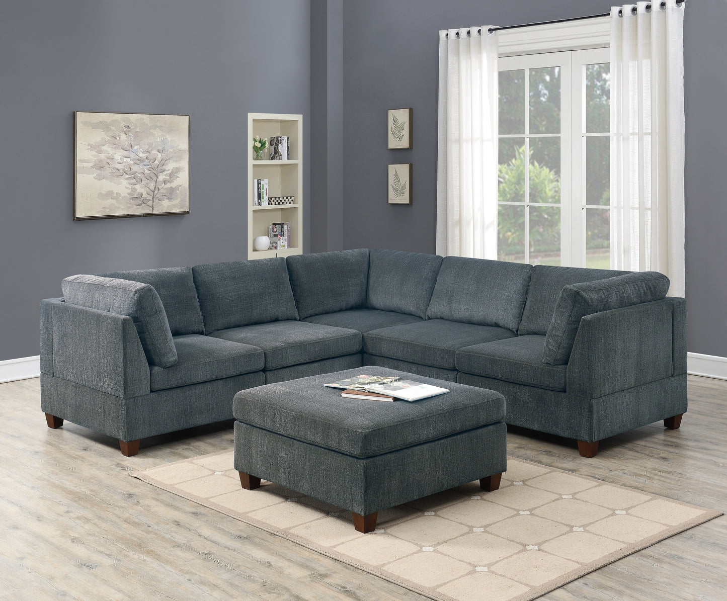 6-Piece Modular Sectional Sofa Set 3 Corner Wedges 2 Armless Chairs 1 Ottoman Chenille Upholstery Grey