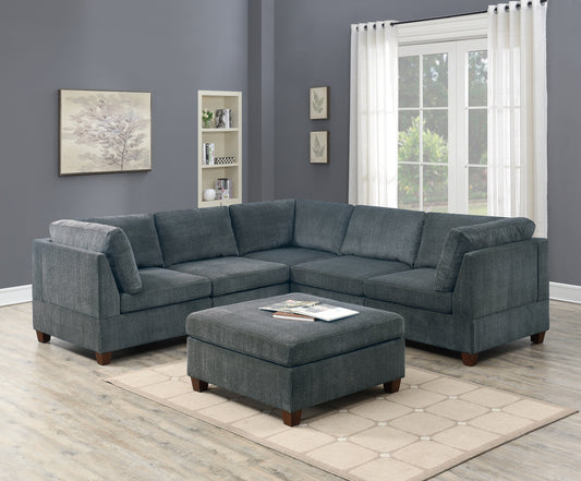 6-Piece Modular Sectional Sofa Set 3 Corner Wedges 2 Armless Chairs 1 Ottoman Chenille Upholstery Grey
