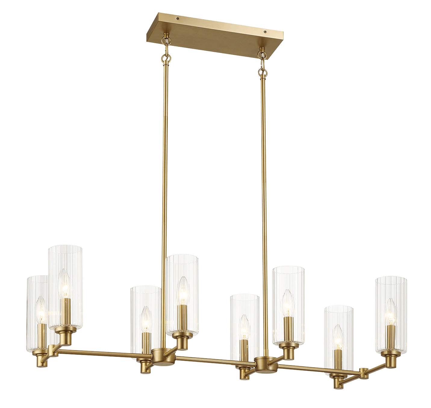 Eight-Light Island Pendant Light with Clear Ribbed Glass, 36in Long, 15in Wide, 9in High, Satin Brass