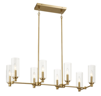 Eight-Light Island Pendant Light with Clear Ribbed Glass, 36in Long, 15in Wide, 9in High, Satin Brass