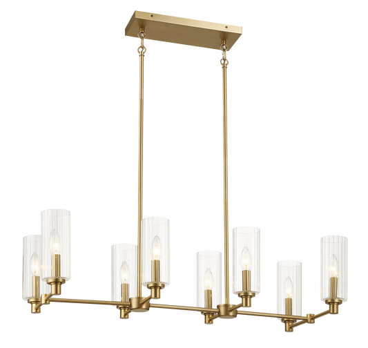 Eight-Light Island Pendant Light with Clear Ribbed Glass, 36in Long, 15in Wide, 9in High, Satin Brass