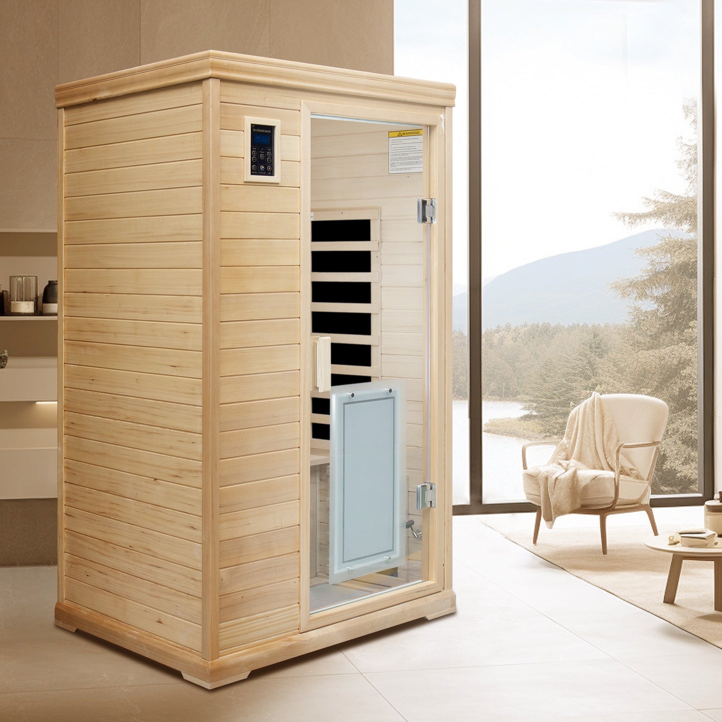 Two-Person Far-Infrared Hemlock Indoor Sauna with 9 Heating Panels, LCD Touch, Bluetooth, 1750W - Natural