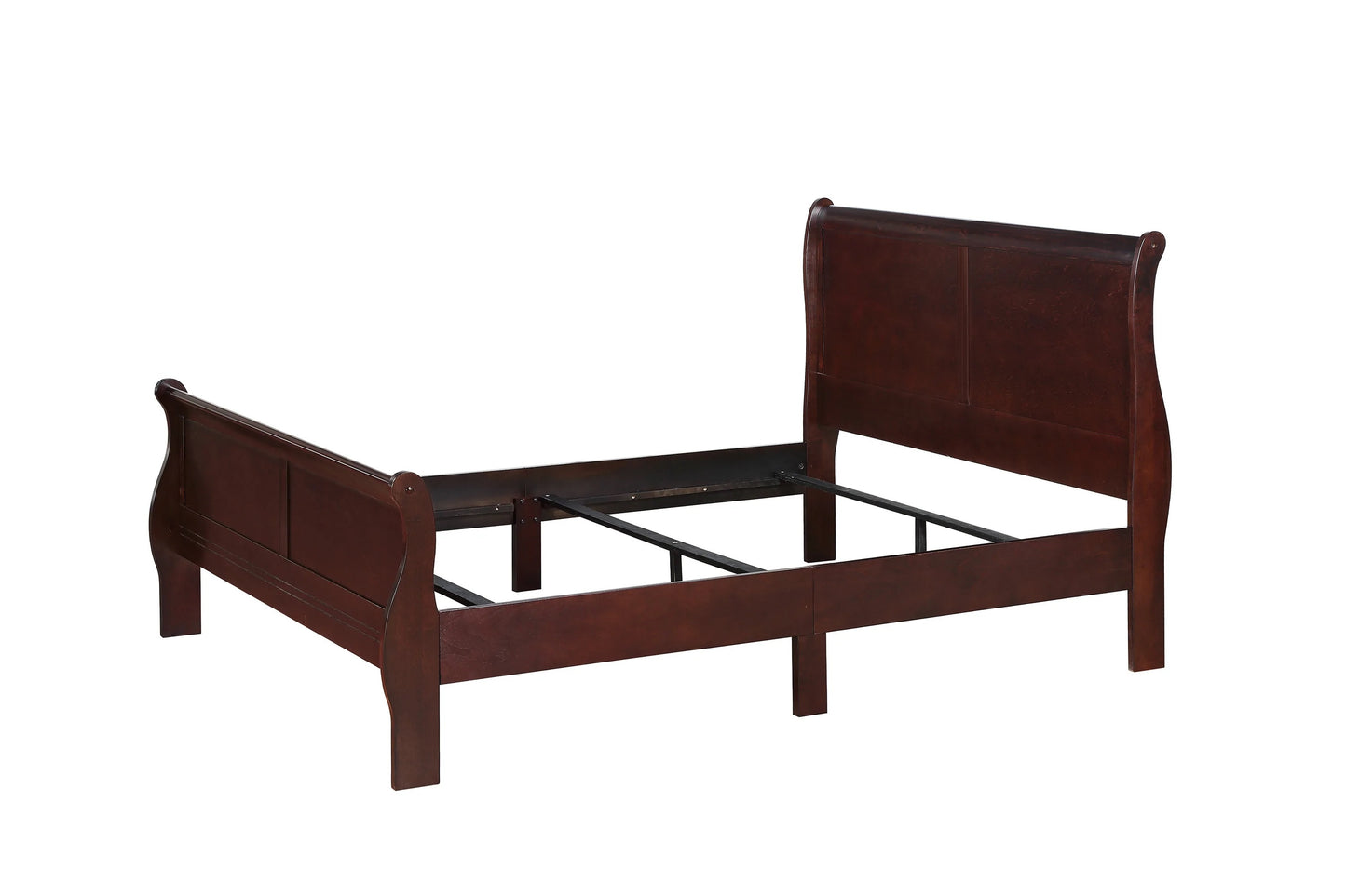 Louis Phillipe Elegant Brown Cherry Queen Sleigh Bed in Solid Wood for Luxurious Bedroom Decor