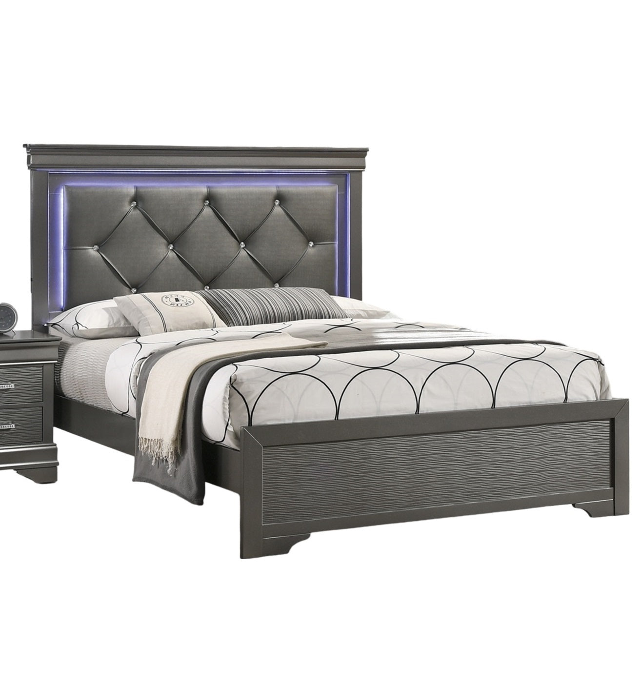 Elegant Dark Gray Faux Leather Queen Bed with Tufted Headboard and LED Lighting