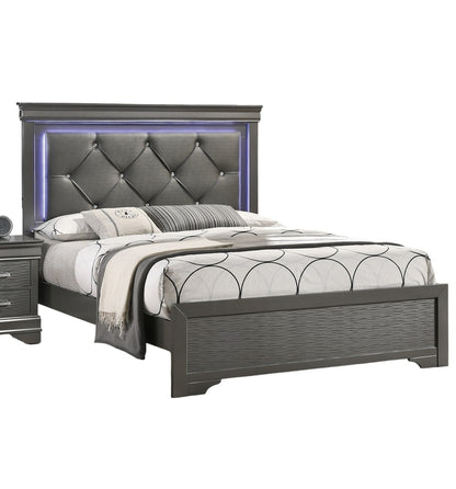 Elegant Dark Gray Faux Leather Queen Bed with Tufted Headboard and LED Lighting