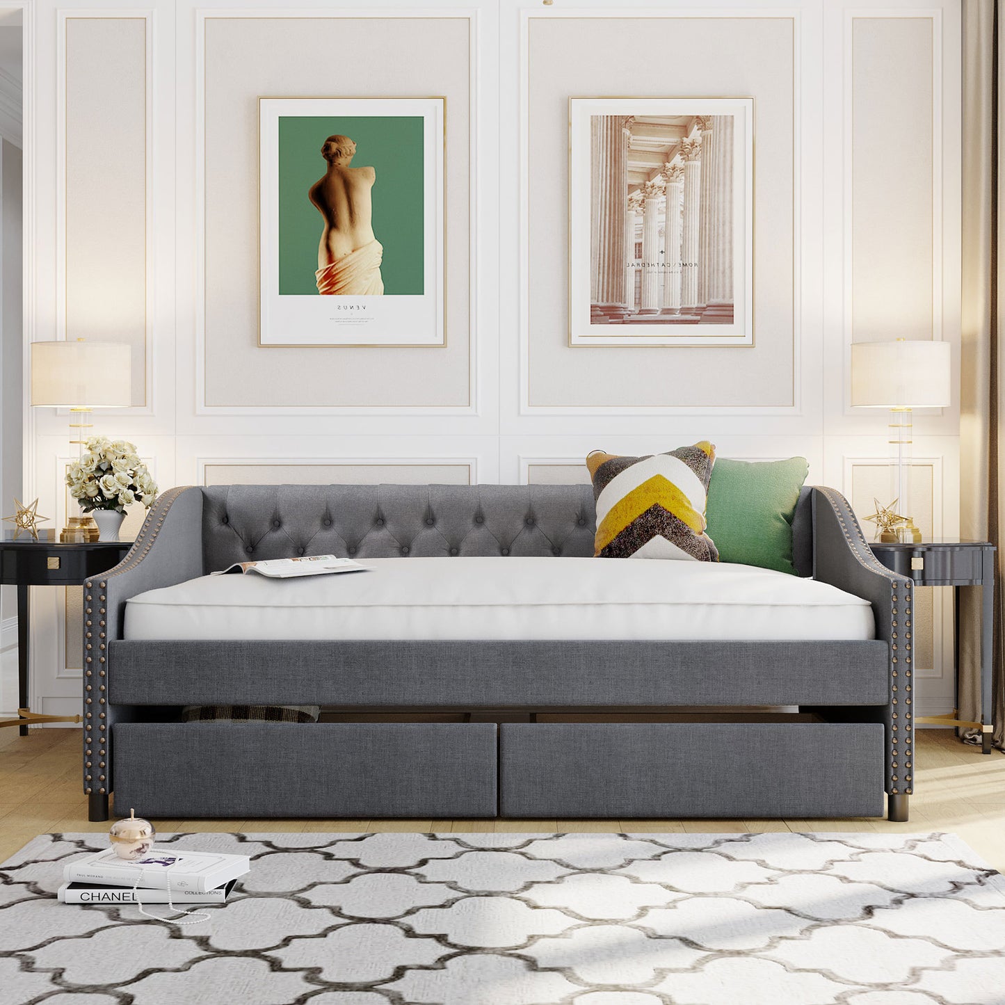 Elegant Gray Upholstered Full Size Daybed with Storage Drawers and Wood Slat Support