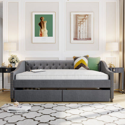 Elegant Gray Upholstered Full Size Daybed with Storage Drawers and Wood Slat Support