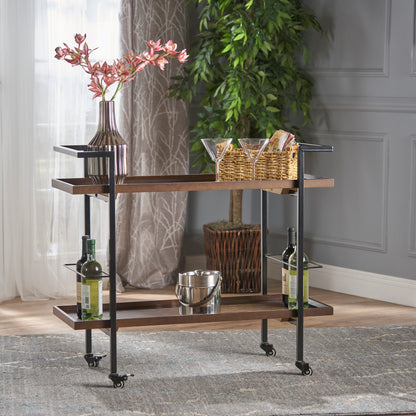 Modern Industrial Rolling Bar Cart With Wood Shelves