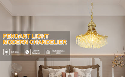 11.75-Inch Pendant Light, 1-Bulb, Fan-Shape Glass Bead Shade, Metal Chandelier, Dimmable, 10-Inch, Gold