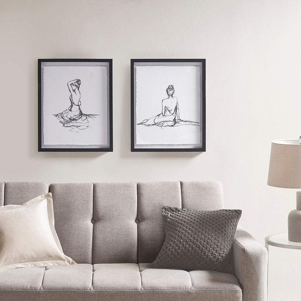 Two-Piece Framed Glass and Mat Wall Art Set – Modern Sketch Prints, MDF Frame White and Black