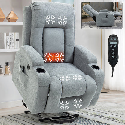 Single-Motor Power Lift Recliner, 350 lb Capacity, 8-Point Massage, Lumbar Heat, USB, Cup Holders Grey
