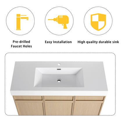Modern 48" Freestanding Oak Bathroom Vanity with White Resin Sink & Soft-Close Doors