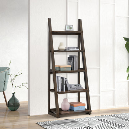 Rustic Brown 5-Tier Ladder Shelf - Solid Wood Bookshelf & Storage Rack for Home and Office