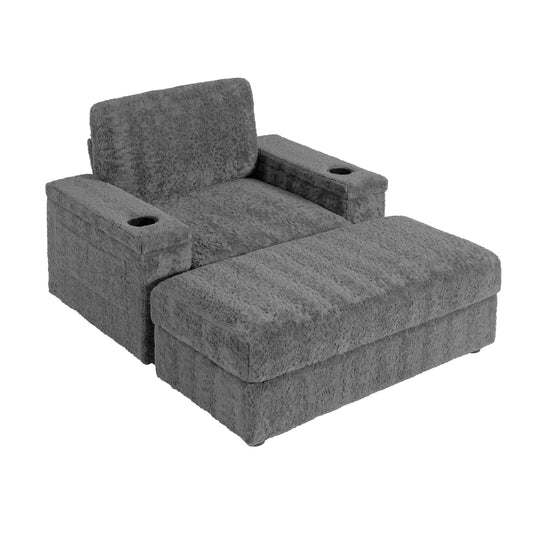 Luxurious Faux Rabbit Fur Oversized Chaise Lounge with Storage Ottoman and Cup Holders, 42-Inch