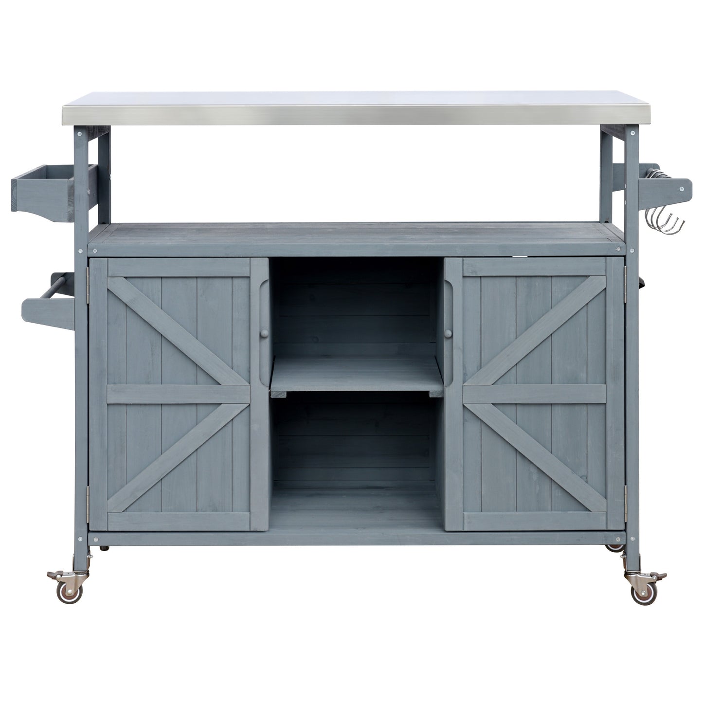 Rolling Outdoor Kitchen Island with Stainless Steel Top, Grey Blue Fir Wood Bar Cart & Storage Cabinet for BBQ and Garden Parties