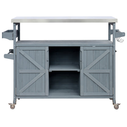 Rolling Outdoor Kitchen Island with Stainless Steel Top, Grey Blue Fir Wood Bar Cart & Storage Cabinet for BBQ and Garden Parties