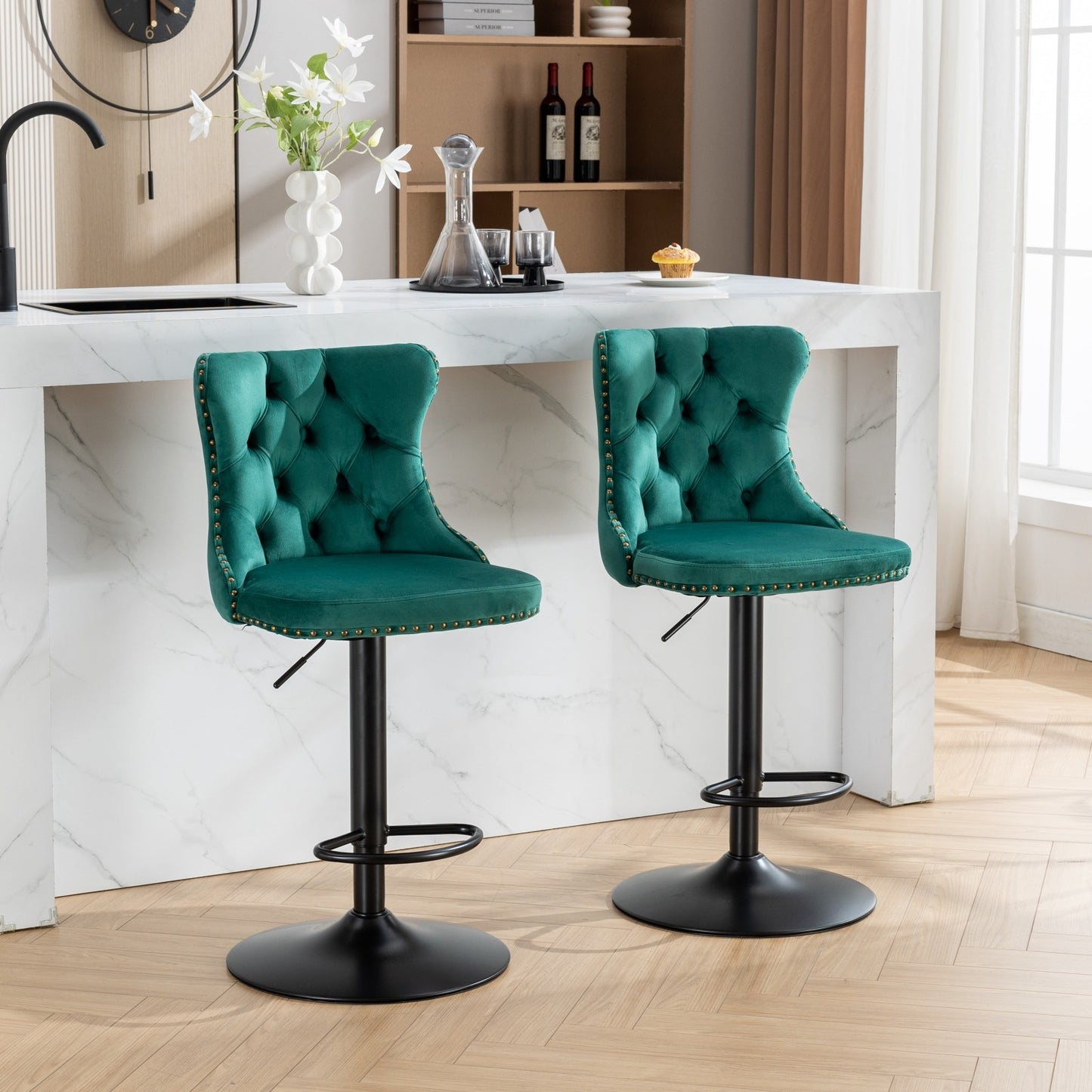 Set of 2 Adjustable Swivel Bar Stools with Tufted Velvet Upholstery and Foam Seat for Kitchen, Green