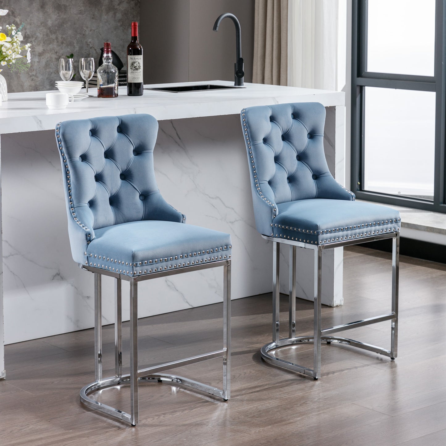 26 Inch Counter Height Bar Stools Set 2 Light Blue Velvet
