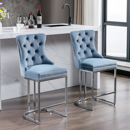 26 Inch Counter Height Bar Stools Set 2 Light Blue Velvet