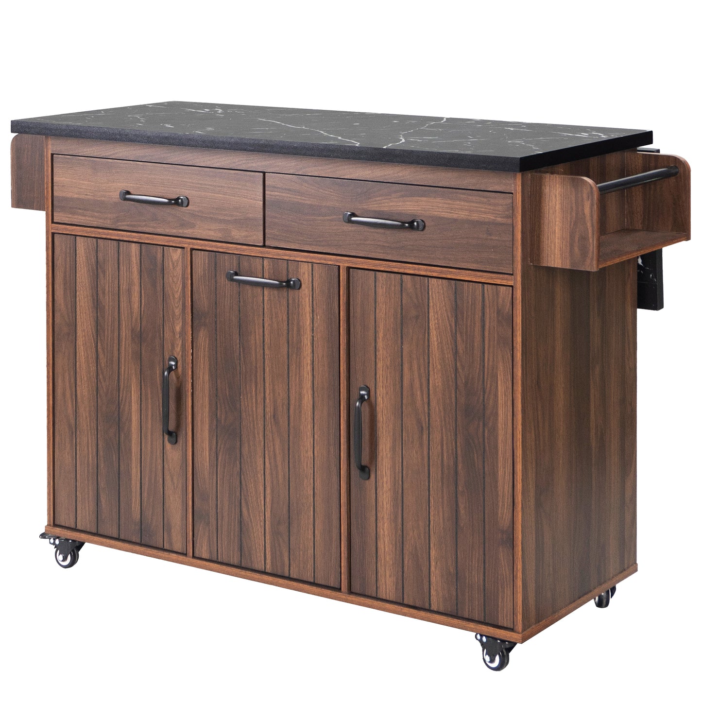 Walnut Brown Rolling Kitchen Island with Drop Leaf, Trash Can Storage, Spice & Towel Racks, and Adjustable Shelves