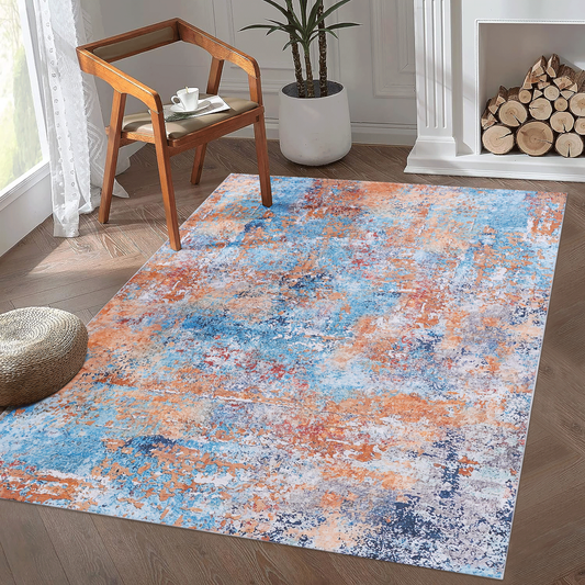 8x10 Area Rug, Washable, Low-Pile Chenille, Non-Slip Backing, Foldable, Kid & Pet Friendly, Multi