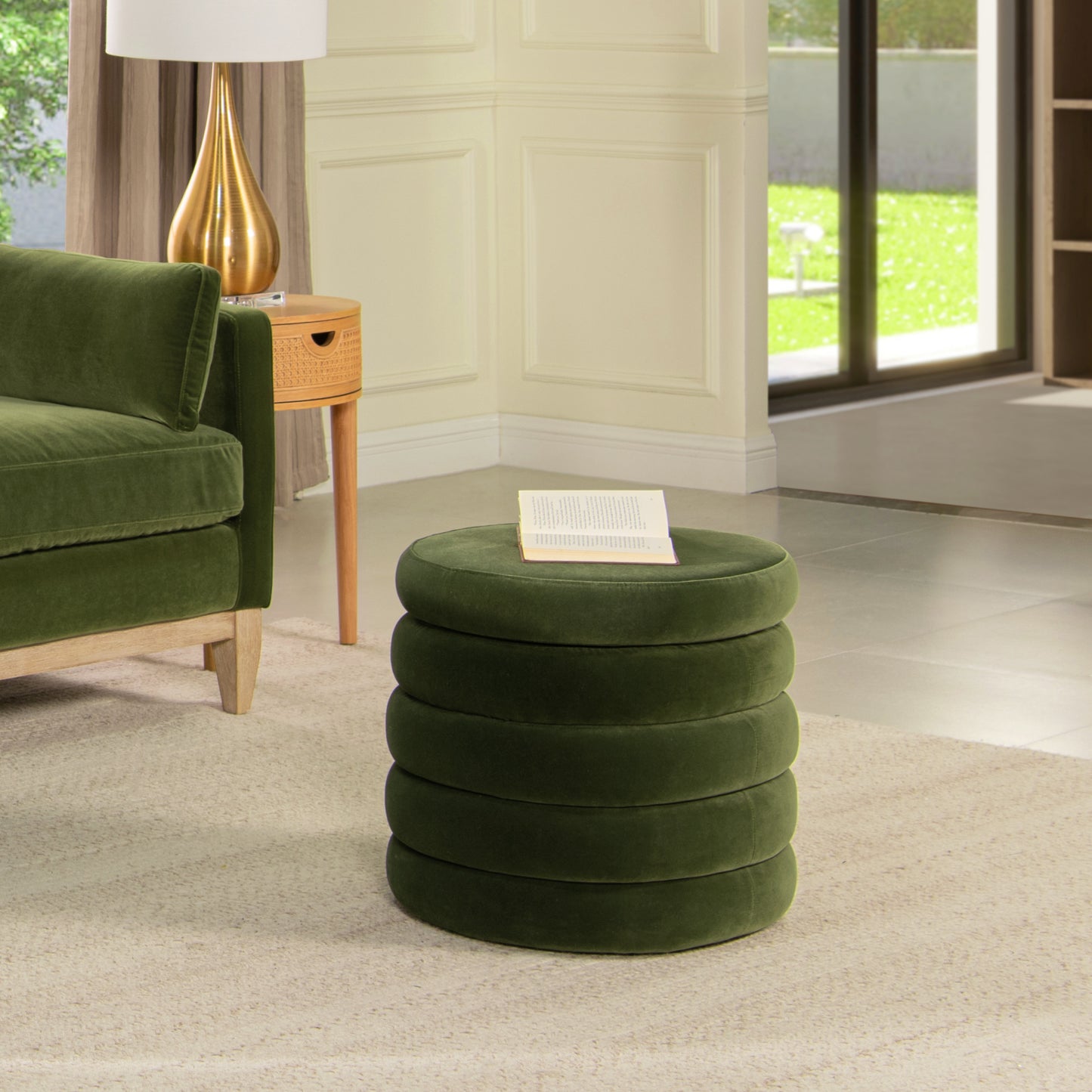 Oversized Round Ottoman, 19-Inch, Birch Wood, Velvet Upholstery, Hidden Storage, Floor-Safe, Olive Green