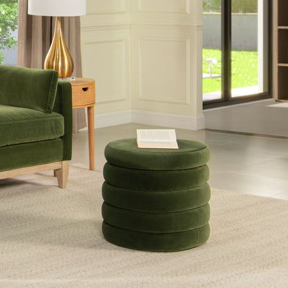 Oversized Round Ottoman, 19-Inch, Birch Wood, Velvet Upholstery, Hidden Storage, Floor-Safe, Olive Green
