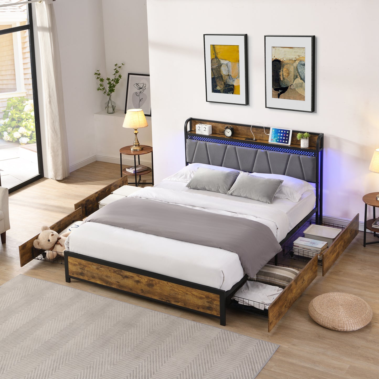 King Size Bed Frame with Storage Headboard, USB Charging, 4 Drawers, LED, MDF + Metal Black-Brown-Grey