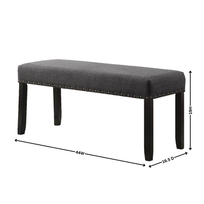 Fabric Dining Bench with Nailhead Trim, 44W x 16.5D x 19H, Linen-Cotton Upholstery, Hardwood Legs, Grey