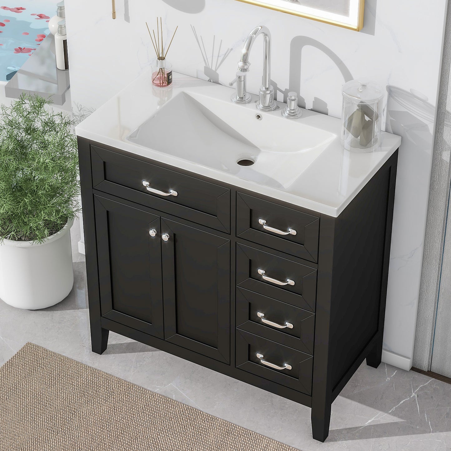 Stylish 36-Inch Black Bathroom Vanity with Integrated Sink, Durable MDF and Solid Wood Construction, Convenient Storage Drawers