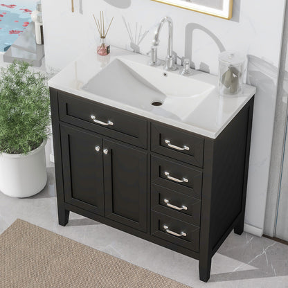 Stylish 36-Inch Black Bathroom Vanity with Integrated Sink, Durable MDF and Solid Wood Construction, Convenient Storage Drawers