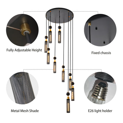 9-Light Pendant, Mesh Cylinder Shades, Adjustable Ceiling Light for Living Room or Dining - Black-Gold