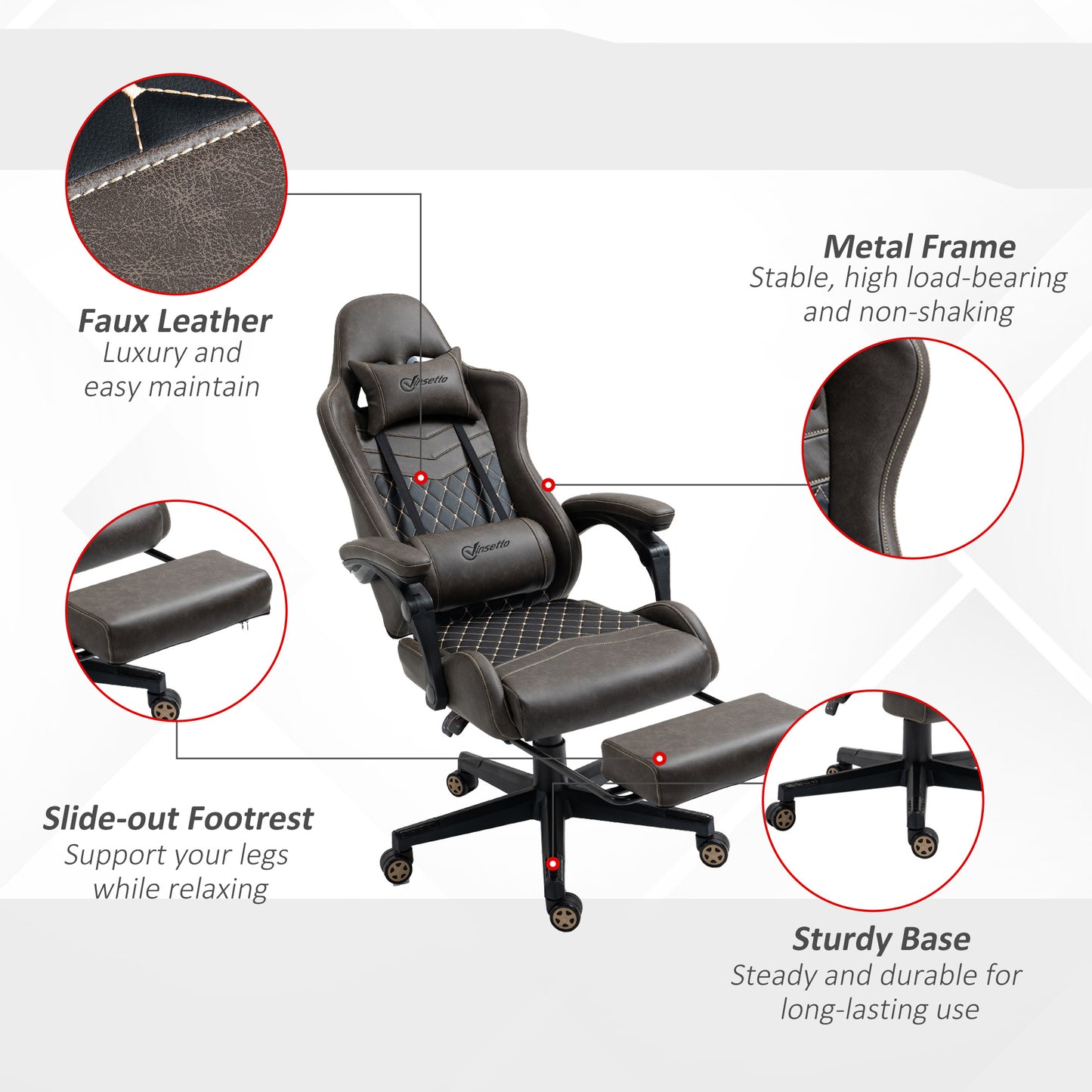 Vinsetto High-Back Racing Gaming Chair with Footrest - Ergonomic PU Leather Office Gamer Seat in Brown