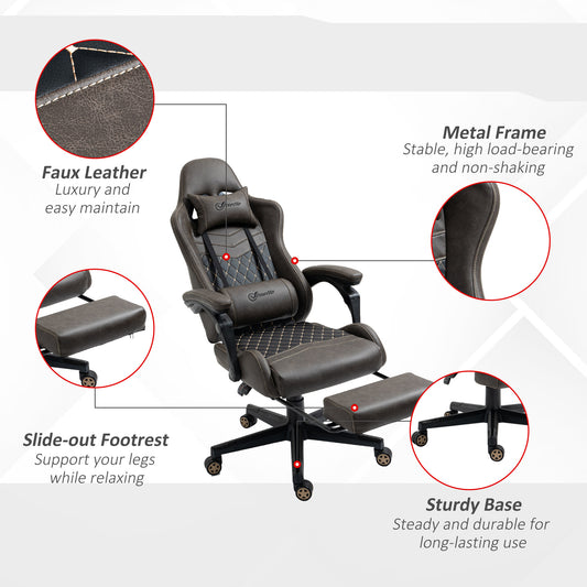 Vinsetto High-Back Racing Gaming Chair with Footrest - Ergonomic PU Leather Office Gamer Seat in Brown