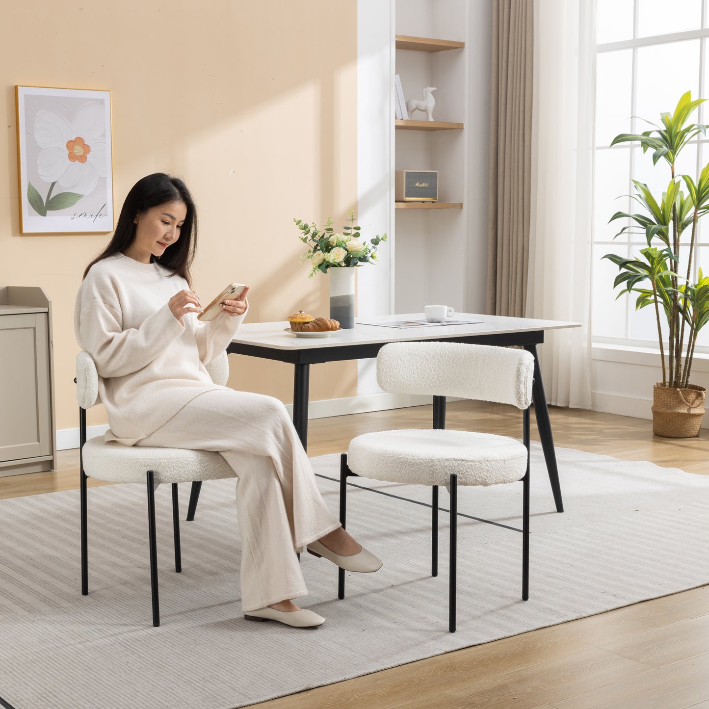 Set of 2 Modern Round Boucle Dining Chairs with Foam Cushions, 20.25W x 20.25D x 29H, Iron Legs, White