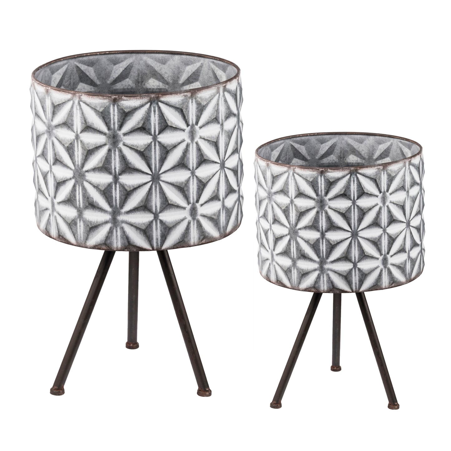 Set of 2 Round Metal Planter Stands with Galvanized Planters - Large 12x19x19 / Small 10x17x17 Grey