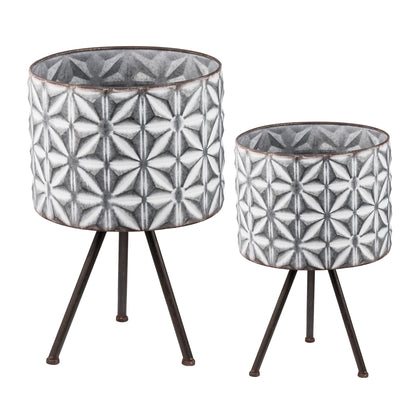 Set of 2 Round Metal Planter Stands with Galvanized Planters - Large 12x19x19 / Small 10x17x17 Grey