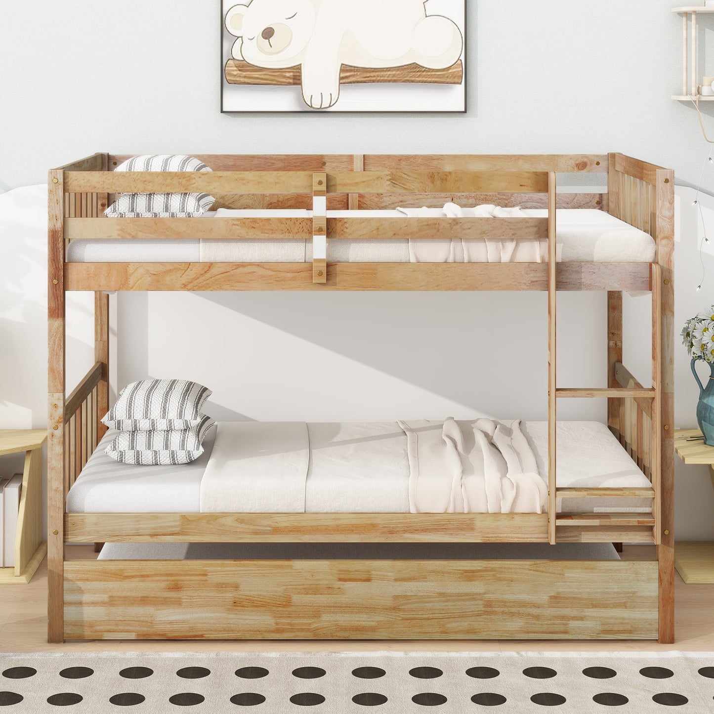 Convertible Twin Over Twin Bunk Bed with Trundle, Rubber Wood Design, Ladder & Safety Guardrails, Natural Finish