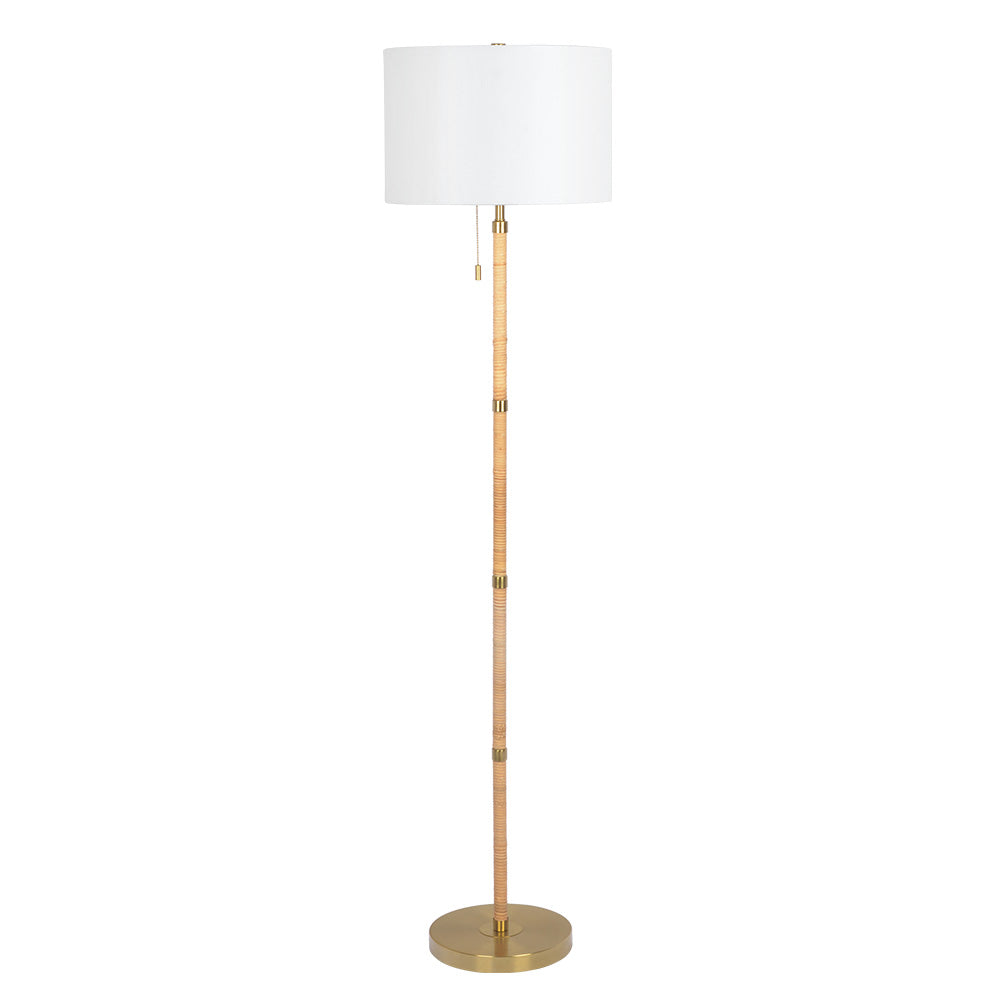 Natural Wood and Rattan Floor Lamp with White Linen Shade, 100W Type A, On/Off Chain, Gold Brass Finish